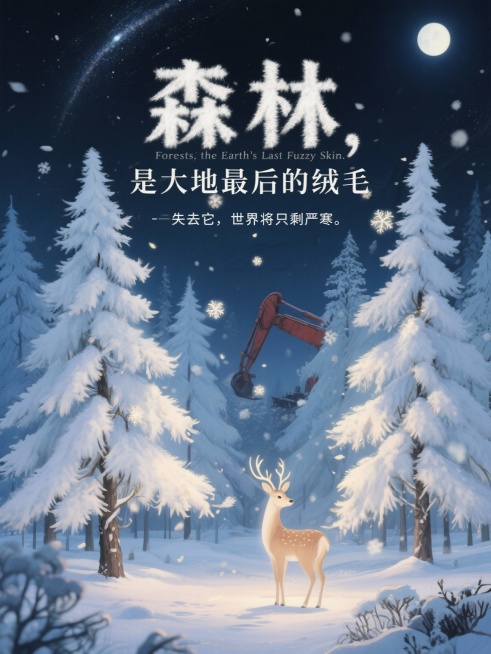 梦幻超现实主义风格的冬季公益海报，月光下闪耀的冬季森林，所有松树的针叶由发光的白色毛绒纤维构成，蓬松柔软如巨大雪绒羽叶，带有轻微柔光，森林地面覆盖厚实、晶莹、蓬松的白雪，呈现柔焦光泽。远处有锈红色伐木预览效果