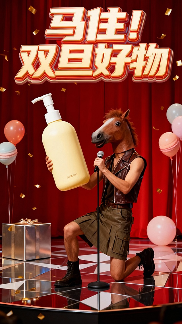 拟人风马头人手持巨瓶乳液，综艺感十足的舞台表演，波普艺术风格配色，金属质感礼盒与塑料风气球点缀，营造双旦促销的喜庆趣味氛围。
