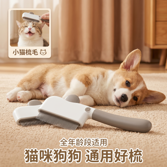 [主图-4] 狗狗猫咪通用场景展示。保持宠物梳外观（物理结构、材质质感、颜色）与输入产品图绝对一致，杜绝任何变形和色差，精细化处理。
[氛围风格] 治愈萌宠互动风，暖调温馨生活化场景
[画质] 商业摄预览效果