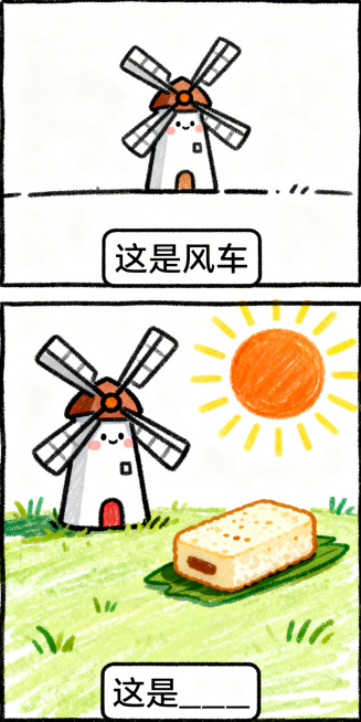 手绘搞笑纵向双格漫画，上半格：Q版可爱的风车，极简背景，底部文字框写“这是风车”；下半格：风车旁的太阳散发着光芒，地上放着一块年糕，底部文字框写“这是____”，线条清晰，色彩鲜明预览效果