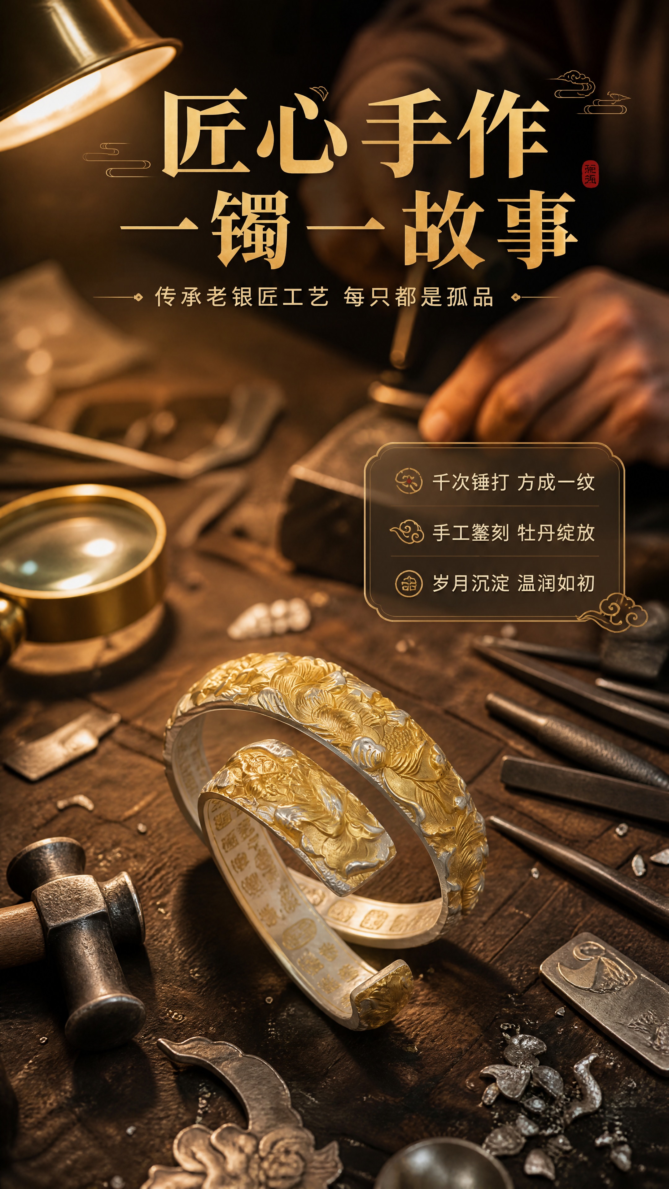 [商品] 使用【图1】足银手工锤纹牡丹开口手镯；保留金色牡丹浮… - 图片创意预览