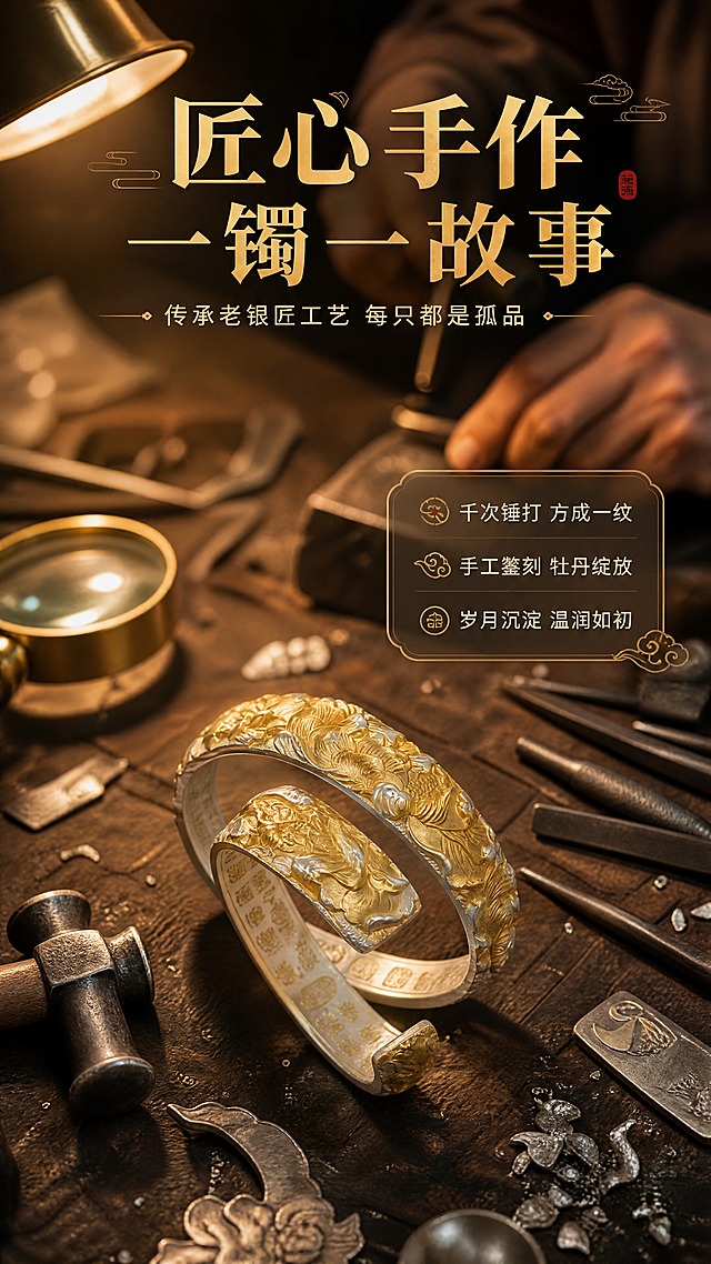 [商品] 使用【图1】足银手工锤纹牡丹开口手镯；保留金色牡丹浮雕锤纹、银色镯身、开口结构；将手镯置于工匠工作台场景中，增强手工锻造的故事感与温度感。
[画面] 目标：第6张匠人精神，讲述手工锻造工艺故事，强化每一只都独一无二的情感价值。构图：竖版9:16，手镯位于画面中下部，放置于深色木质工匠工作台上，占画面约35%；周围散落手工银饰工具（小铁锤、錾刻刀、放大镜、银料边角），背景虚化处可见老银匠的手部动作剪影；暖黄色台灯光从左上方洒落。阅读动线：顶部标题→中部工艺氛围→底部手镯主体。
[视觉] 套系策略：风格=东方新中式轻奢商业摄影；标题字=宋体衬线粗体（雅致厚重）；正文字=现代简洁无衬线体；主色=暖金+米白+深木棕；背景延展=基于暖金与深木棕做深浅渐变、同色晕染和细腻丝绸/宣纸质感；强调色=朱砂红，仅用于小面积图标、引线和标签点缀；标题色=暖金色；正文色=深棕灰；组件=圆角金线信息卡、细金线引线、祥云纹小图标；光影=暖黄色台灯光源，左上方主光，右侧弱补光，形成强烈明暗对比与复古匠人氛围。
[文字] 顶部主标题「匠心手作 一镯一故事」，副标题「传承老银匠工艺 每只都是孤品」；中部右侧3行短文案：「千次锤打 方成一纹」「手工錾刻 牡丹绽放」「岁月沉淀 温润如初」。文字不遮挡手镯与工具主体。
[规格] 图片比例9:16竖版，4K分辨率，负向提示：避免变形、错字、文字过小、冷蓝色调、塑料质感、手镯结构改变、工具过于杂乱、人物面部入镜、二维码、水印、绝对化用语。