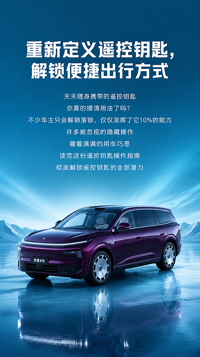 公众号长图头图，极光蓝冷色调主色（#0099A8），高端汽车品牌风格，无暖金暖色。画面上半部分居中大标题文字"重新定义遥控钥匙，解锁便捷出行方式"，现代无衬线粗体，白色反白字。标题下方居中排列7行引言段落文字，全部居中对齐，白色细体字："天天随身携带的遥控钥匙""你真的摸清用法了吗？""不少车主只会解锁落锁，仅仅发挥了它10%的能力""许多被忽视的隐藏操作""藏着满满的用车巧思""读完这份遥控钥匙操作指南""彻底解锁遥控钥匙的全部潜力"。画面下半部分展示紫红色奕派M8 SUV完整整车，45度前侧视角，车身光泽质感强烈，车辆从原背景抠出。背景为极光蓝渐变，从深青蓝到浅蓝的冷色调光晕，参考雪山蓝天的清冷质感，底部有柔和的地面反光，整体冷色调无暖色。高端大气，商业摄影质感。