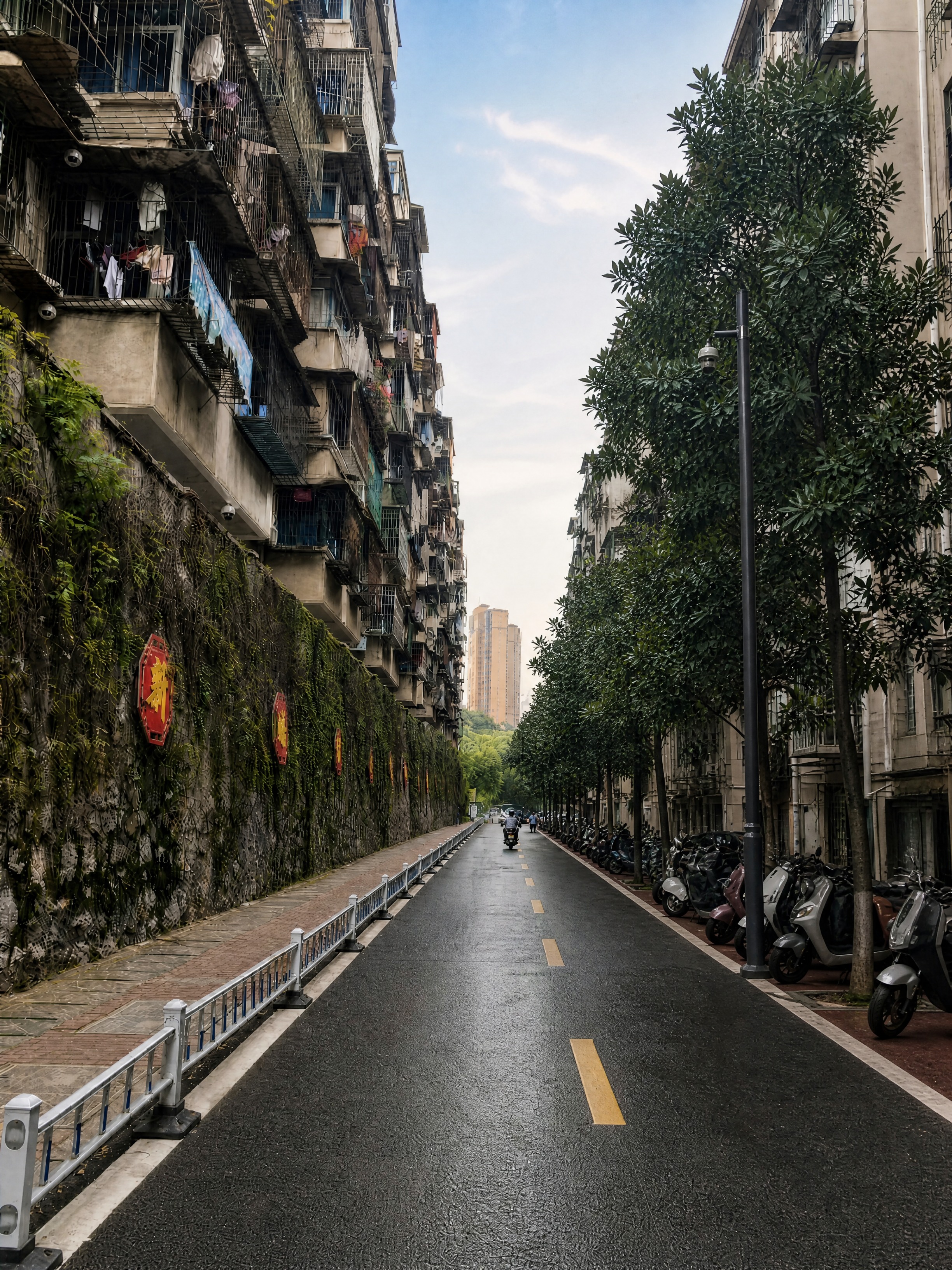 基于原图的老旧小区街道场景，重新设计智慧街道改造效果，要求智慧… - 图片创意预览