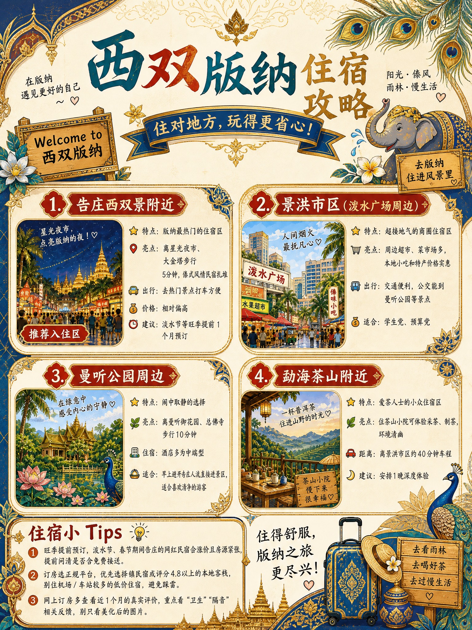 重新排版并整体更换配色方案。将这张西双版纳住宿攻略海报从原来的… - 图片创意预览