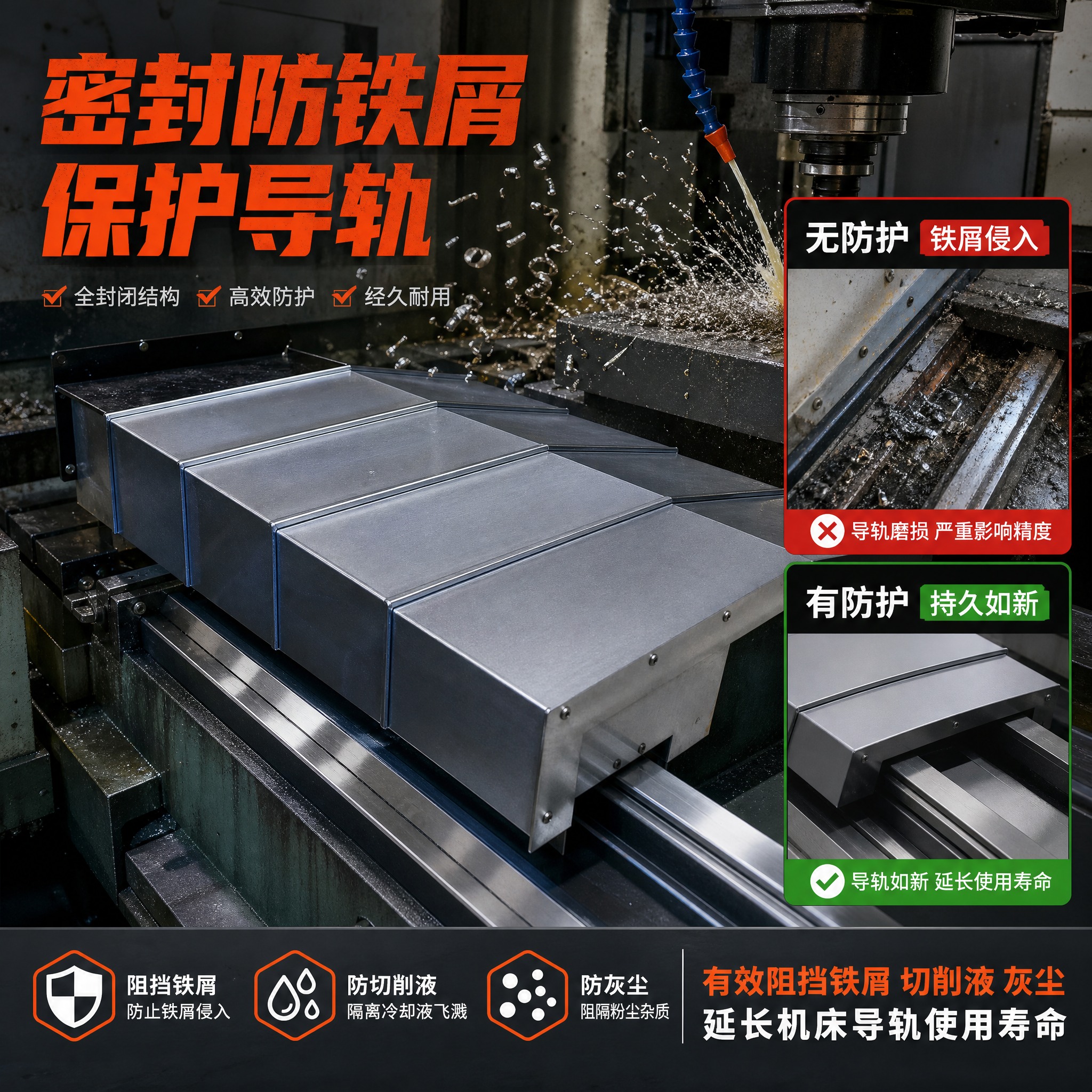 [主图-4] 钢板防护罩 防铁屑密封性能展示图 突出防护功能。… - 图片创意预览