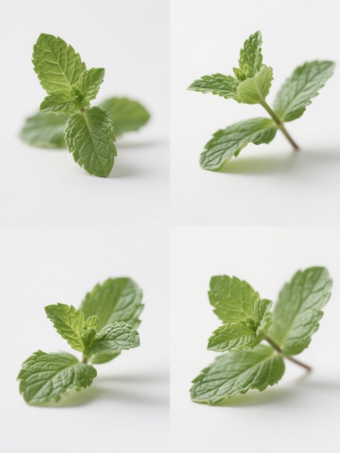 极简主义风格摄影作品，四张薄荷叶特写照片呈2x2网格规整排布，每张照片展示不同形态的新鲜薄荷叶，叶片纹理清晰可见，呈现自然的绿色渐变，光影柔和立体感强，背景为纯白色，整体造型简约现代，无任何文字、logo和水印。预览效果