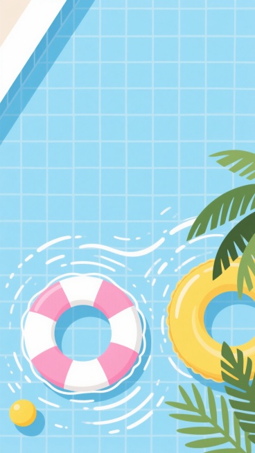 夏天背景，大面积留白，扁平化插画风格，淡蓝色网格泳池水面，水面上漂浮着粉色与白色相间的救生圈、黄色充气游泳圈和黄色浮球，右下角有几片绿色棕榈叶，水面有轻微波纹和白色水花，色调以淡蓝、白色、粉色、黄色、绿色为主，色彩清新明快，画面简洁，留有大量空白空间，营造轻松夏日氛围。预览效果