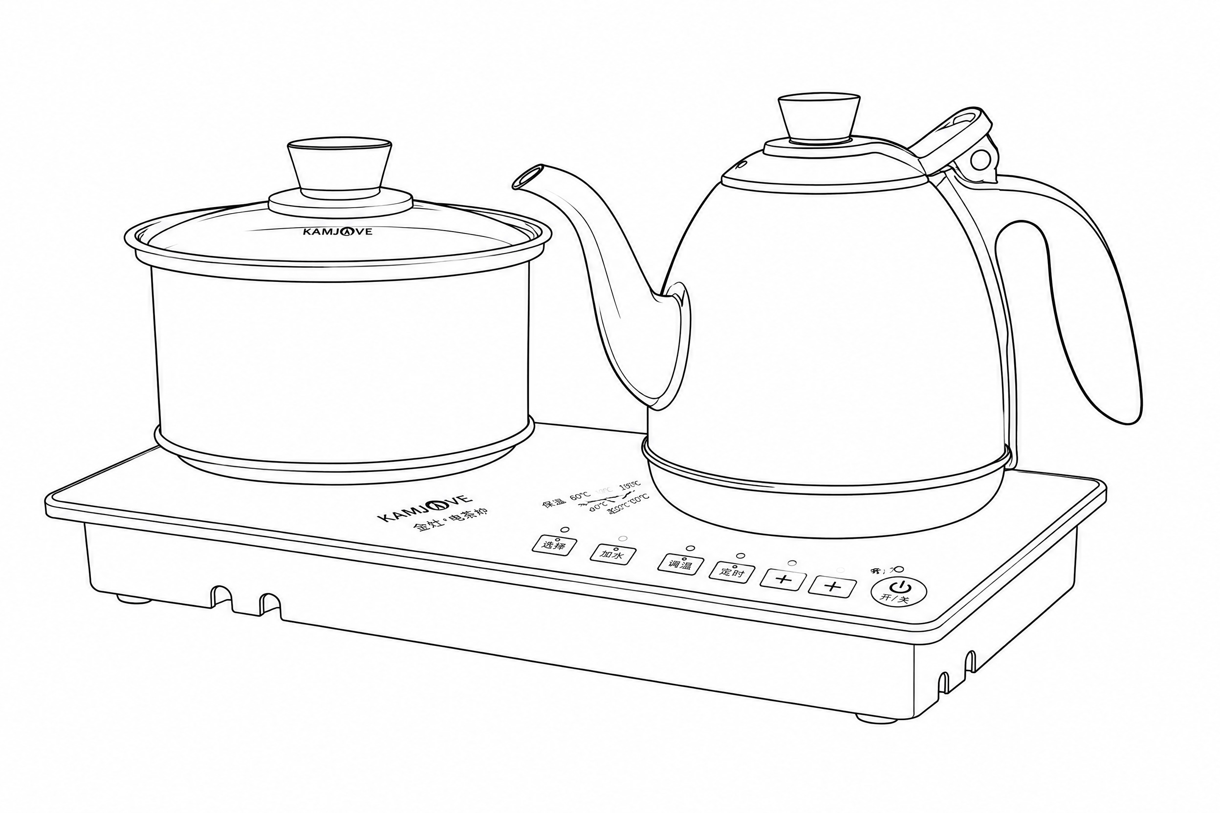 将图片中的电茶炉套装（不锈钢烧水壶、消毒锅、黑色底座）转换为简… - 图片创意预览
