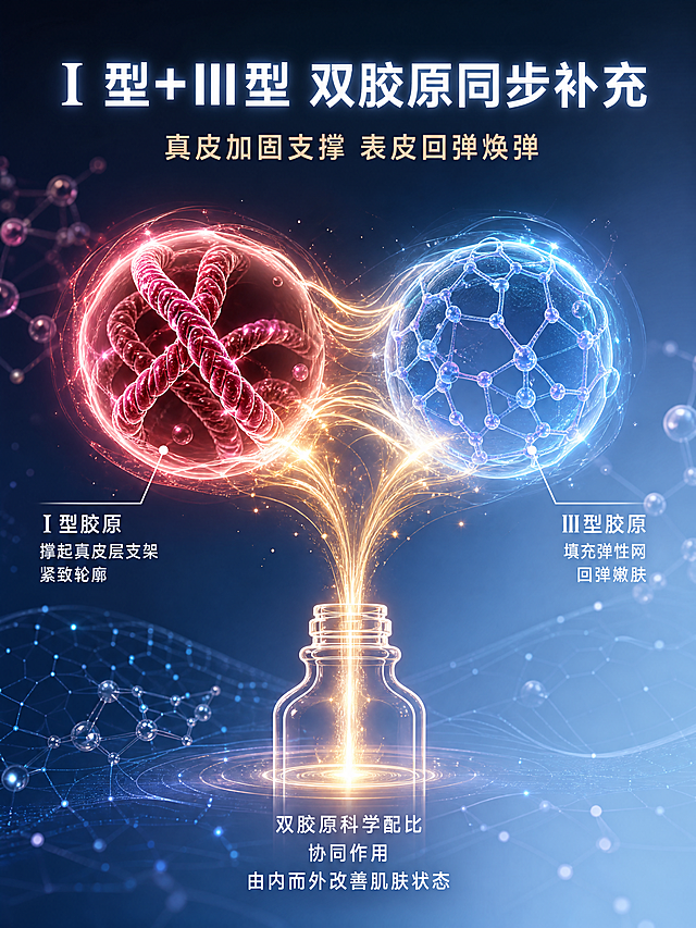 [第3屏] 成分功效专屏-Ⅰ型+Ⅲ型双胶原核心成分机理。本屏为成分机理示意屏，可不使用垫图，以3D分子结构为主视觉。
[氛围/风格] 科研医学感+轻奢高级，粉蓝科技渐变背景，3D分子结构精致呈现。
[元素布局] 画面中央为大型3D分子结构组合，占画面约55%。左侧是「Ⅰ型胶原」分子球：酒红色螺旋纤维状结构，体积较大，有多层螺旋纹理，象征真皮支撑。右侧是「Ⅲ型胶原」分子球：粉蓝色网状弹性结构，体积稍小，有细密网格，象征回弹嫩肤。两个分子球之间有金色流光连接，底部汇聚成一股金色能量流向下方。背景为深蓝色向粉蓝渐变的科技感背景，布满细小的分子网格线和光点，营造科研氛围。画面底部中央有一个小型PP瓶剪影（仅轮廓示意，不做细节），金色能量流注入瓶中。
[光影质感] 分子球自发光效果，酒红与粉蓝两种光晕交融，金色流光有动态光感，背景有渐变光带，整体通透科技感强，明暗层次丰富。
[配色色系] 全局底色深蓝#2A3A5A向粉蓝#8FB8D4渐变；主色酒红#8B1A3A + 粉蓝#8FB8D4；辅助色金色光效、白色文字。
[视角构图] 平视正面视角，双分子球左右对称构图，能量流自上而下，阅读动线：顶部标题 → 中部分子结构 → 底部说明。
[文字版式] 顶部主标题「Ⅰ型+Ⅲ型 双胶原同步补充」，大号粗体无衬线字体，白色带光晕。主标题下方副标题「真皮加固支撑 表皮回弹焕弹」，中号粉金色字体。Ⅰ型胶原分子球旁有引线标注「Ⅰ型胶原 撑起真皮层支架 紧致轮廓」，白色字体。Ⅲ型胶原分子球旁有引线标注「Ⅲ型胶原 填充弹性网 回弹嫩肤」，白色字体。底部有三行小字说明「双胶原科学配比 协同作用 由内而外改善肌肤状态」。文字均清晰可读，不遮挡核心分子结构。
[比例分辨率] 3:4竖版比例，4K分辨率，文字清晰可辨，高清画质。
[负向提示词] 变形，水印，文字错乱，文字过小，产品图模糊，背景杂乱，多余的手，畸形手，医疗化表述。