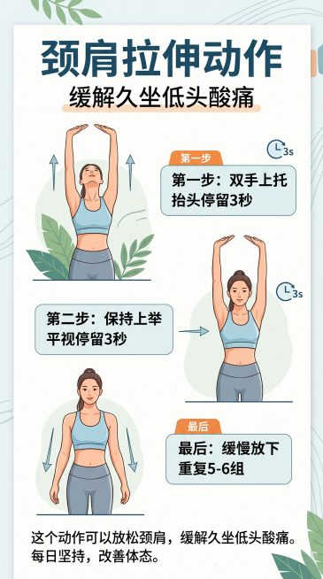 分步展示颈肩拉伸动作的健身示意图，第一步：人物站立，双手向上托举停留，抬头拉伸颈肩，标注文字"第一步：双手上托 抬头停留3秒"；第二步：手保持上举，平视前方停留，标注文字"第二步：保持上举 平视停留3预览效果