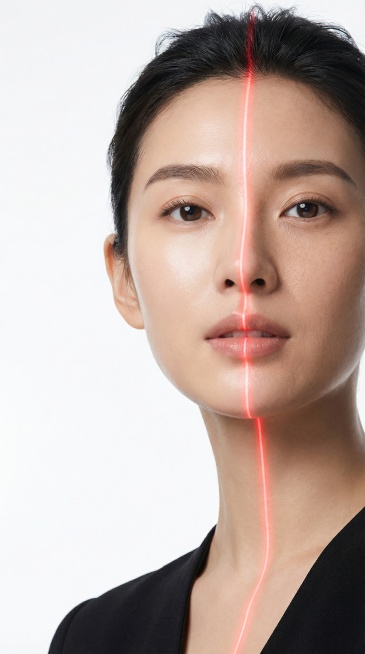 商业级美妆护肤宣传图，高端医美质感，整体风格干净、高级、专业，传递出科技感与肌肤焕新的视觉氛围。采用45°侧仰拍视角，使用85mm人像定焦镜头，f/1.8大光圈，营造浅景深效果，突出主体人物面部。构图预览效果