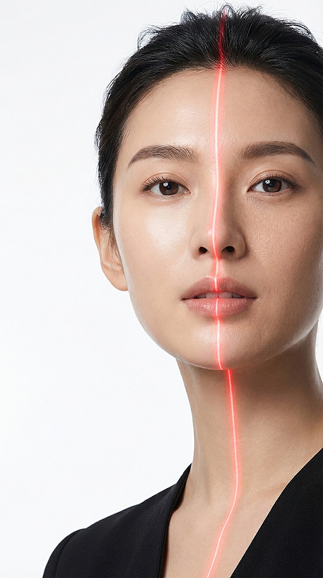 商业级美妆护肤宣传图，高端医美质感，整体风格干净、高级、专业，传递出科技感与肌肤焕新的视觉氛围。采用45°侧仰拍视角，使用85mm人像定焦镜头，f/1.8大光圈，营造浅景深效果，突出主体人物面部。构图遵循黄金分割，人物面部占据画面中心偏右区域，左侧留白用于信息呈现，视线引导至面部中央的红色光效线条。画面主体为一位25-30岁的东亚女性模特，左边皮肤白皙细腻，无瑕疵，呈现出健康的光泽感。右边皮肤暗沉，面部中间被一条精准的红色发光线条勾勒，从额头中央垂直向下，经过鼻梁、人中，再沿下颌线延伸至下巴脖子，线条流畅且具有科技感，象征着肌肤的轮廓重塑。模特表情自然柔和，眼神清澈，嘴唇微张，展现出自信与优雅的气质。场景设定为极简纯白摄影棚，背景为均匀的哑光白色，无任何杂物，以突出人物与光效。光线采用三点布光法：主光来自左前方45°，为柔和的散射光，均匀照亮面部，避免硬阴影；辅光来自右后方，强度为主光的1/3，用于柔化阴影并增加面部立体感；顶部轮廓光为冷白色，勾勒出发丝与面部轮廓，增强通透感。整体光效明亮、干净，突出肌肤的水润与细腻质感。色彩搭配以纯白背景为基底，人物肤色为自然暖调，红色光效线条为高饱和的正红色，形成强烈的视觉对比，同时传递出活力与科技感。画面整体色调统一，无多余色彩干扰，营造出专业、高端的视觉感受。物体材质与质感：人物肌肤呈现出细腻的陶瓷质感，毛孔细腻，光泽均匀；红色光效线条为半透明的发光材质，边缘柔和，具有流动感；背景为哑光白色，无反光，确保视觉焦点集中于人物面部。