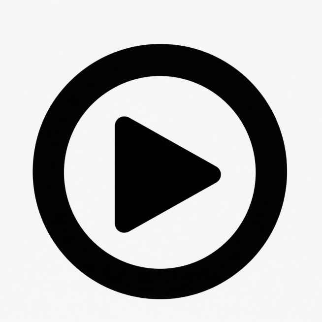 极简风格播放按钮图标，白色背景，中央为黑色等边三角形播放符号，三角形底边水平朝右，尖端朝左，外围环绕一个等粗的黑色正圆形轮廓，圆形与三角形边缘留有均匀间隙，整体设计简洁、几何感强，线条平滑无装饰，视觉层级清晰，信息传达直接高效，具有现代UI图标设计感。预览效果