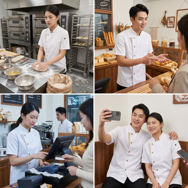 一张拼接图，包含4张买家秀图片，背景在烘焙店内，模特身份是烘焙店服务员，穿着和参考图一模一样的白色立领短袖厨师服，保留衣服的卡其色装饰条、五个金色纽扣、左侧口袋和肩部细节，手机实拍风格，展示衣服面料细预览效果