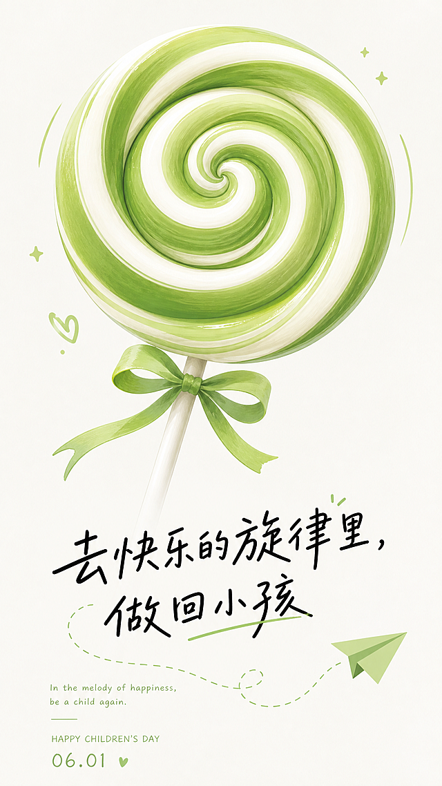 竖版六一儿童节海报，极简清新风，浅白色背景，一根巨大的绿色螺旋棒棒糖占据画面上方，下方是黑色手写体文案 "去快乐的旋律里，做回小孩"，搭配纸飞机图案和英文小字，整体画面干净简约，清新绿色调，轻松治愈的节日氛围