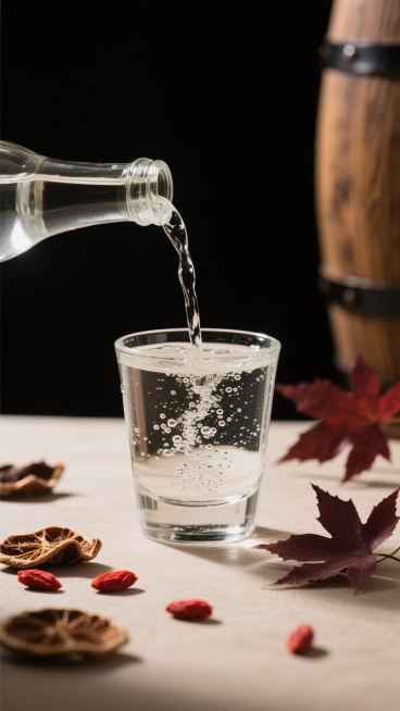 超写实摄影风格，黑色背景突出主体，一束柔和侧光从左上方照射，营造出晶莹剔透的质感。一个透明玻璃杯中正在被倒入清澈的白酒，酒液形成优美的弧线，杯中泛起细密的气泡，杯壁凝结着细小的水珠。玻璃杯下方是浅色的桌面，散落着几颗饱满的红色枸杞和几片干枯的棕色陈皮，右侧有几片暗红色的枫叶作为点缀，背景中隐约可见一个木质酒桶的轮廓，整体画面散发着醇厚、典雅的氛围，光影层次丰富，细节清晰，展现白酒的纯净与自然韵味。预览效果