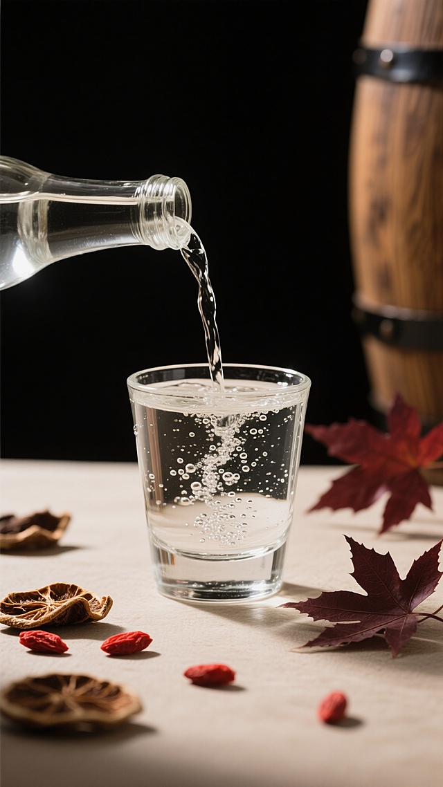超写实摄影风格，黑色背景突出主体，一束柔和侧光从左上方照射，营造出晶莹剔透的质感。一个透明玻璃杯中正在被倒入清澈的白酒，酒液形成优美的弧线，杯中泛起细密的气泡，杯壁凝结着细小的水珠。玻璃杯下方是浅色的桌面，散落着几颗饱满的红色枸杞和几片干枯的棕色陈皮，右侧有几片暗红色的枫叶作为点缀，背景中隐约可见一个木质酒桶的轮廓，整体画面散发着醇厚、典雅的氛围，光影层次丰富，细节清晰，展现白酒的纯净与自然韵味。