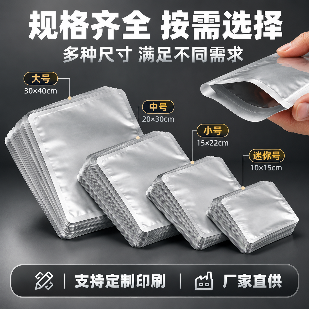 [主图-5] 规格齐全展示图，展示多种尺寸规格的铝箔真空袋整齐… - 图片创意预览