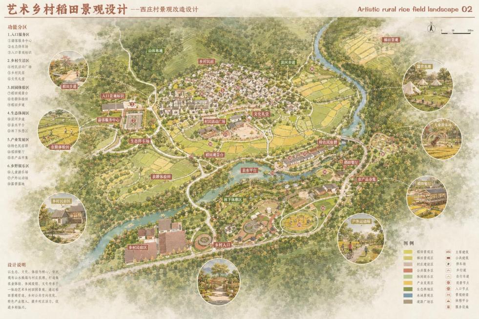 将第一张图的乡村航拍照片转换为和第二张图片相同风格的景观设计彩色平面图，保留第一张图中所有村庄、道路、河流、山体、农田的整体布局结构，采用第二张彩平图的艺术插画风格，使用统一舒适的配色，区分不同的功能预览效果
