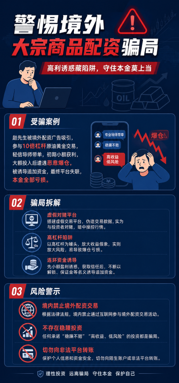 证券公司投资者教育宣传竖版长图，公众号专用，深蓝底色搭配红色警示元素，扁平化简约设计，搭配线稿图标和简约人物插画，整体分为四大板块：
1. 封面：大字标题"警惕境外大宗商品配资骗局"，副标题"高利诱惑预览效果