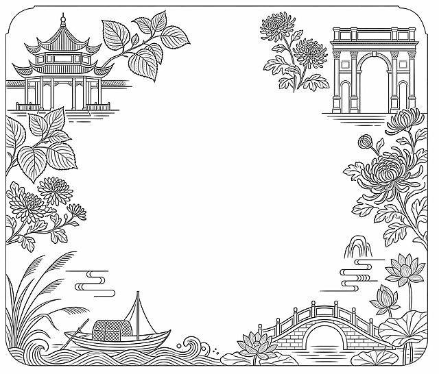 将参考图中的所有线稿原样提取出来，生成纯黑色线条的线稿图，纯白色背景，保留原图中所有的建筑、花卉、植物、船只、桥梁、水纹、云纹等线条元素的位置和形状完全不变，线条清晰流畅，无任何颜色填充，只有黑色线条和白色背景