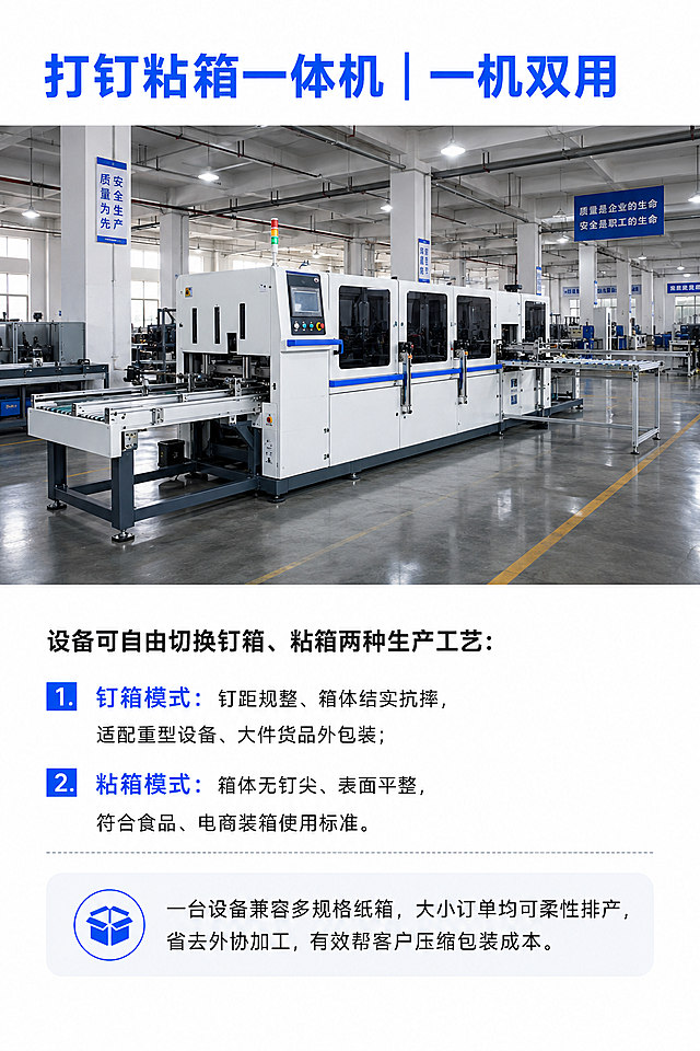 [第4页] 打钉粘箱一体机设备介绍内页
[氛围/风格] 工业商务风，企业宣传册内页设计，专业清晰，工业质感
[元素布局] 页面上半部分展示打钉粘箱一体机车间生产实景图，设备位于现代化车间内，周围环境整齐有序。下半部分排版设备介绍文字，图文结合，上图片下文字，主次分明
[光影质感] 明亮均匀的工业车间照明，清晰展示设备结构和车间环境，真实工业感
[配色色系] 全局底色：#FFFFFF（纯白）；主体配色：#165DFF（深蓝标题）+ #333333（深灰正文）；辅助色：#F5F7FA（浅灰背景块）
[视角构图] 竖向单版，图片占据上半部分约60%区域，文字占据下半部分约40%区域，正面居中构图
[文字版式] 顶部图片上方深蓝色加粗大标题 "打钉粘箱一体机｜一机双用"；标题下方正文介绍：
"设备可自由切换钉箱、粘箱两种生产工艺：
1. 钉箱模式：钉距规整、箱体结实抗摔，适配重型设备、大件货品外包装；
2. 粘箱模式：箱体无钉尖、表面平整，符合食品、电商装箱使用标准。
一台设备兼容多规格纸箱，大小订单均可柔性排产，省去外协加工，有效帮客户压缩包装成本。"
文字左对齐，行间距适中，分段清晰，重点突出，易读性强
[比例分辨率] 竖向单版，比例3:2，宽度1080，高度1620，4K分辨率，文字清晰可辨
[负向提示词] 文字错乱，文字重叠，设备变形，背景杂乱，颜色偏差，水印，缺件错件
