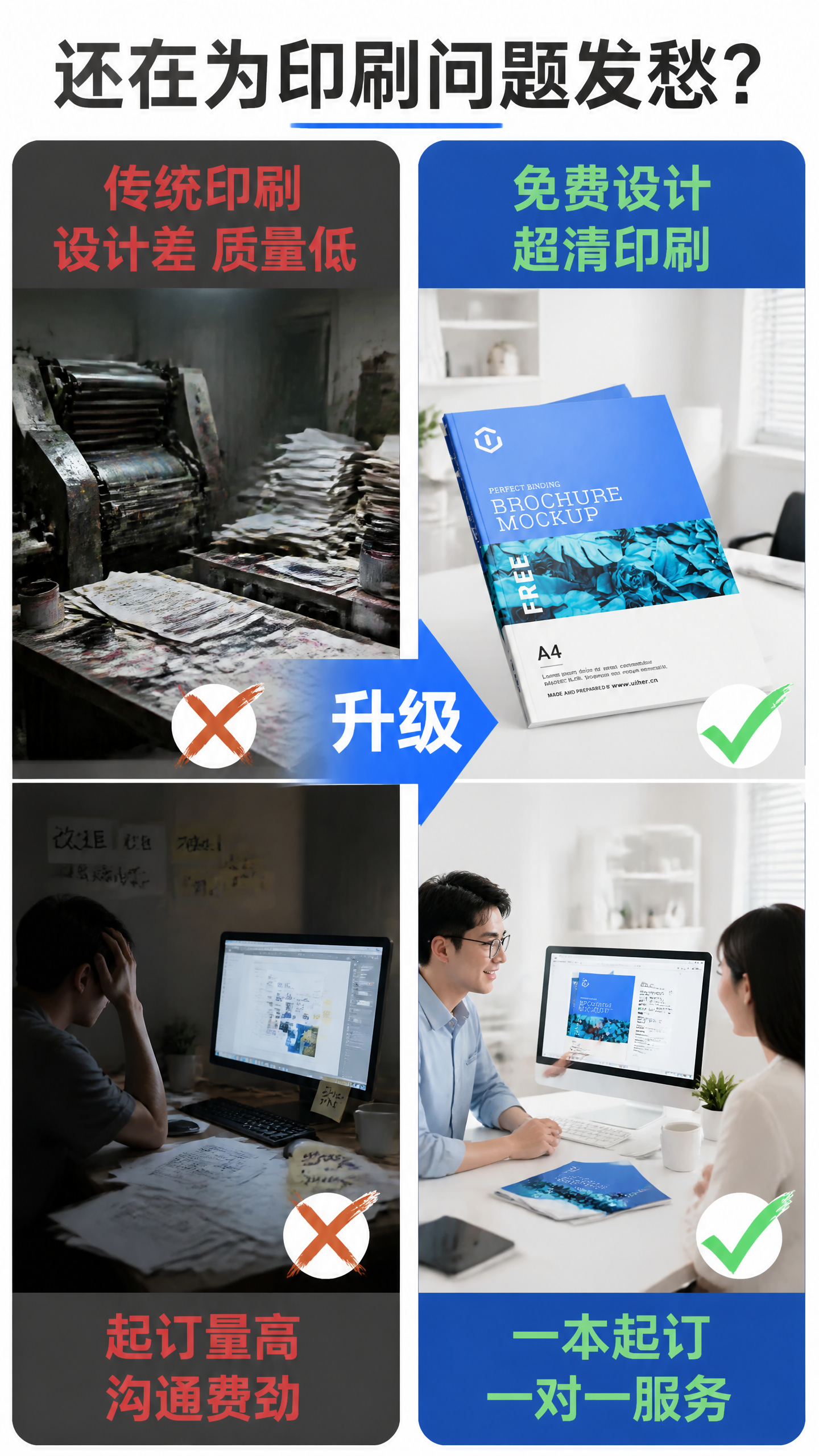 [第2屏] 详情页痛点对比-传统印刷vs专业画册定制。本屏使用… - 图片创意预览