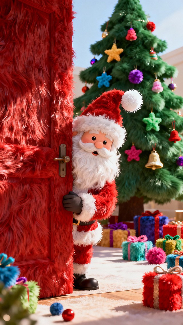 一个圣诞老人从红色的门后探出头来的特写，地上散落着色彩缤纷的礼物，背景远处还有一个巨大的圣诞树