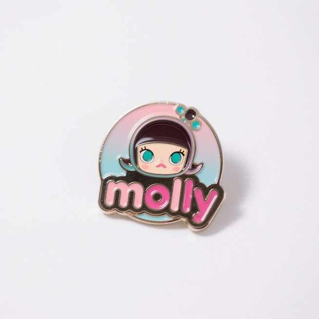 一个泡泡玛特玩偶molly徽章，文字“molly”，柔和渐变颜色背景预览效果