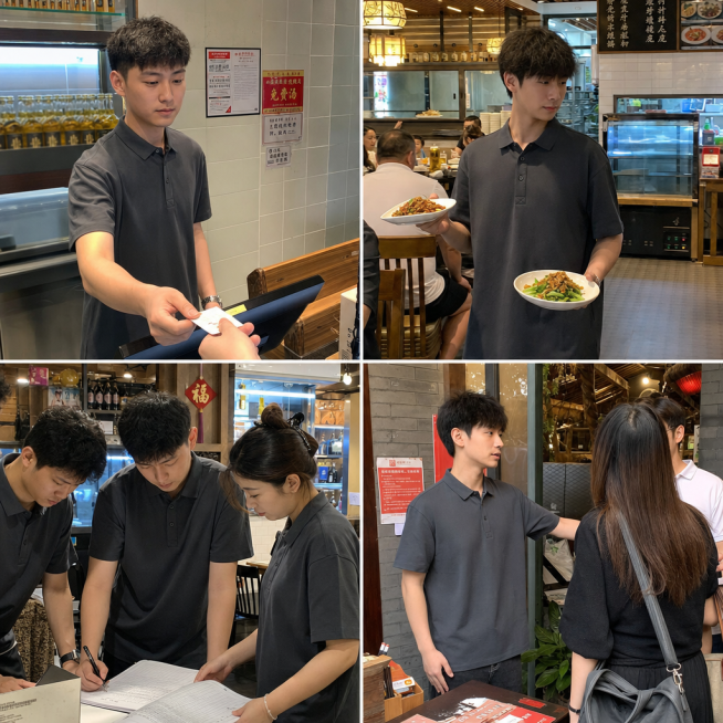 在中餐厅背景中，将图中的深灰色polo衫做成4张买家秀拼在一张图里，模特身份是餐饮店服务员，穿着这件深灰色polo衫，手机实拍风格，展示衣服面料细节质感，动作光影细节真实，像是随手拍的那种，展示服务员预览效果