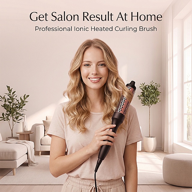 [Image 2] Hero lifestyle scene poster: Get Salon Style At Home Professional Ionic Heated Curling Brush. A beautiful young Caucasian model with natural wavy blonde hair holding our product (black handle + rose gold barrel) and smiling confidently, minimalist modern living room background, soft natural window light. Main title "Get Salon Result At Home" at top, subtitle "Professional Ionic Heated Curling Brush". All text English, overall unified soft light pink tone, high-end aesthetic, 1:1 square, 2048px resolution, product appearance consistent with https://gdesign-dam-hz.dancf.com/36077086513418272/6fdefaf2e2114b149d038dc46e106eca.png. Do not use sensitive words: safe, safety, quality, verified.