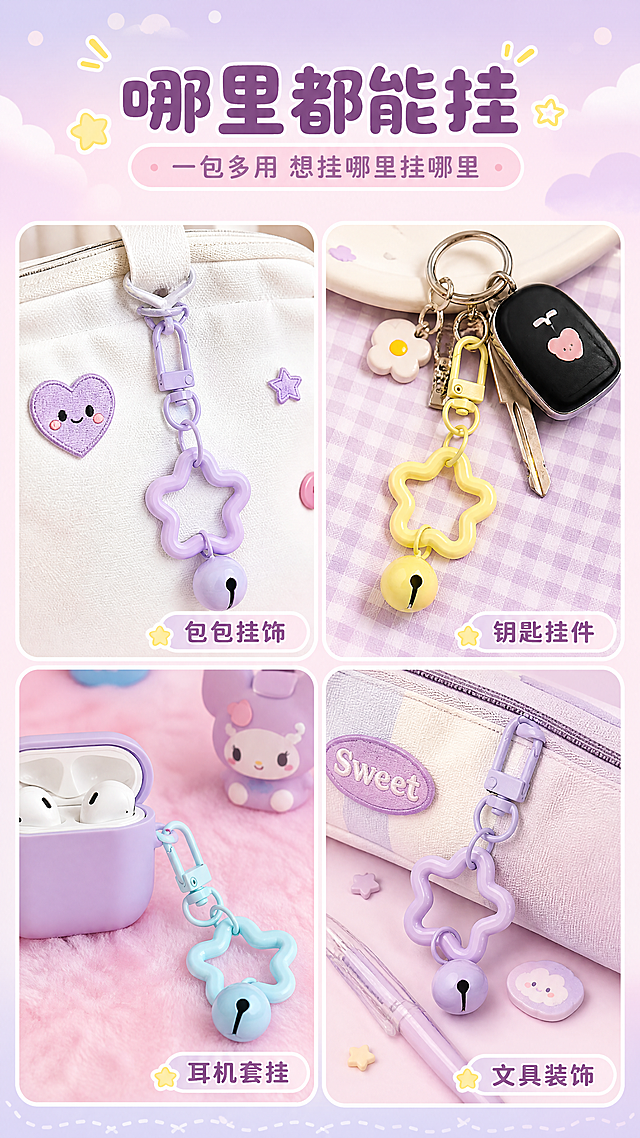 [商品] 使用【图8】马卡龙浅色系门扣铃铛星星钥匙扣；保留门扣、开口圈、镂空塑料星星、小铃铛的完整结构、颜色和材质；商品处理：保持各部件比例形状不变，增强色彩饱和度，去除原图背景。
[画面] 页面目标：场景种草，展示多种使用场景激发购买欲。构图：四宫格拼图，左上=挂在白色帆布包拉链上，右上=挂在钥匙串上，左下=挂在耳机保护套上，右下=挂在笔袋/书包上；每格一个使用场景，产品清晰可见；格子间有圆角白色分隔，整体软萌拼贴感。
[视觉] 套系策略：风格=拼多多萌系少女风商业摄影；标题字=圆润粗黑圆角体；正文字=软萌圆角无衬线体；主色=马卡龙粉紫渐变；背景延展=基于粉紫做上下渐变、同色系云朵/星星/圆点装饰，软萌弥散质感；强调色=亮黄色，仅用于小面积标签、图标和高亮；标题色=深粉紫；正文色=中紫灰；组件=圆角白底信息卡、虚线引线、软萌小图标；光影=顶部柔光，产品下方有柔和投影，整体明亮通透。
[文字] 顶部居中主标题"哪里都能挂"，副标题"一包多用 想挂哪里挂哪里"；四格每格右下角有小字场景标签："包包挂饰"、"钥匙挂件"、"耳机套挂"、"文具装饰"；文字全部横排，字号保证手机端清晰可读。
[规格] 图片比例9:16竖版，分辨率4K，避免变形、错字、文字过小、颜色失真、结构缺失、冷灰背景、工业感排版。