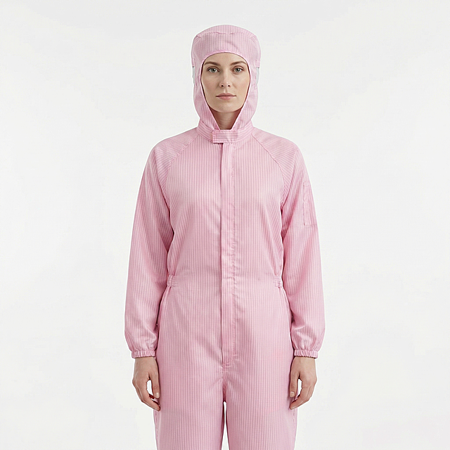 肤色白皙的外国女性模特穿着这件粉色连体带帽防护服，高品质商业摄影，干净纯白色背景，高清晰度，质感细腻，专业服装展示，光线均匀柔和
