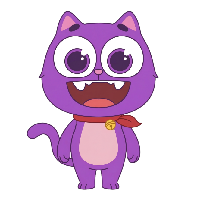 将这张3D紫色猫咪正面图平面化，转为干净的2D卡通插画风格，和已平面化的侧面图风格统一，保留所有造型、配色和细节，去掉强烈立体光影，变成扁平风格，保持透明背景预览效果