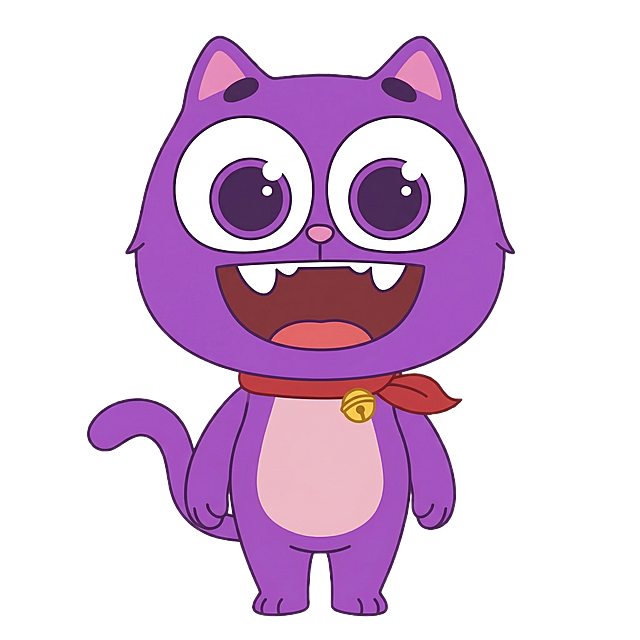 将这张3D紫色猫咪正面图平面化，转为干净的2D卡通插画风格，和已平面化的侧面图风格统一，保留所有造型、配色和细节，去掉强烈立体光影，变成扁平风格，保持透明背景