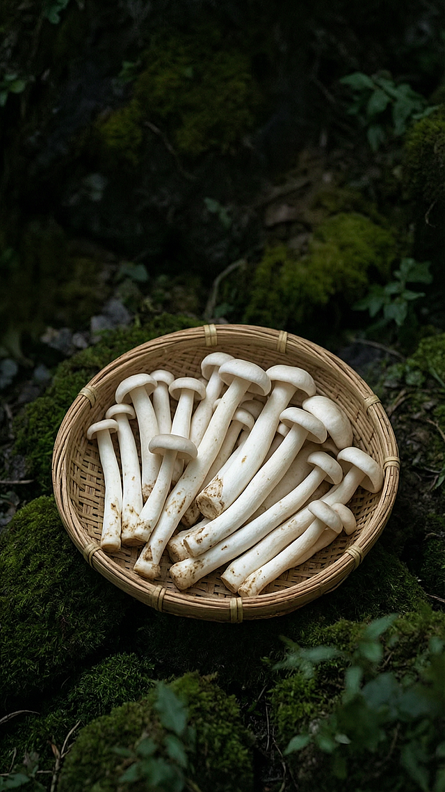 参考图片风格，竹筐装着新鲜鸡枞菌野生菌，深色深绿色山野苔藓背景，没有任何文字，自然无公害，深色系竖版9:16海报