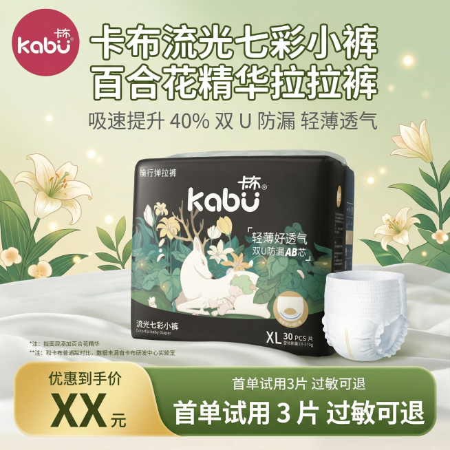 1:1 竖版电商主图，严格还原参考图中卡布 kabu 流光七彩小裤产品图，包括包装设计、颜色、LOGO 位置、文字内容、图案元素等所有细节，产品外观必须与参考图完全一致，不得改变包装设计、配色方案或品预览效果