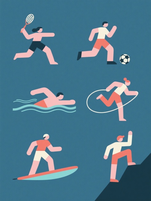 简约现代风格插画，纯色背景，规整排布的单一运动人物图案，人物造型采用平滑线条勾勒，色块分明，无渐变效果，扁平化设计，无任何文字及装饰元素，分别呈现：人物在打羽毛球的跳跃挥拍动作、人物在踢足球的射门姿态、人物在游泳的自由泳划水姿势、人物在跳绳的腾空跳跃状态、人物在冲浪的站立平衡动作、人物在登山的向上攀登姿态，整体保持一致的简约运动风格与视觉统一性。预览效果