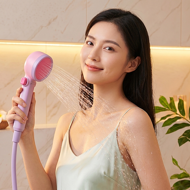 【主体保护指令】请保持参考图 1 中的【服装、穿着形态、构图】一致，包括服装款式/颜色/材质、合身度，不做改动。将模特的整体替换为新模特特征，同时保持原图姿势不变，将模特手中原来浅蓝色花洒替换为参考图2中粉紫色花洒，保留花洒的款式、颜色、细节与原图一致，花洒保持出水效果。
这是一张电商产品展示图，整体为清新温暖的家居风格，核心调性为年轻温婉的生活化展示。
新模特为东亚女性，25岁，年轻温婉气质，肤质白皙细腻，光泽自然，脸部轮廓清晰立体，五官精致，眉毛自然，眼睛明亮，鼻梁挺拔，嘴唇大小适中，面带微笑，眼神温和自信，气质清新自然，保持与原图一致的姿势：侧身站立手持花洒出水，头部转向镜头。
服装以参考图 1 为准，保留一切细节。
背景保持与参考图 1 一致。
光影保持参考图 1原样，新模特整体的受光方向、色温、强度与原图一致，阴影走向统一。
画质与参考图 1保留一致。
风格与参考图 1保留一致。
景别与参考图 1一致。
肤色与光影与原图衔接，画面浑然一体，保持原生摄影质感。