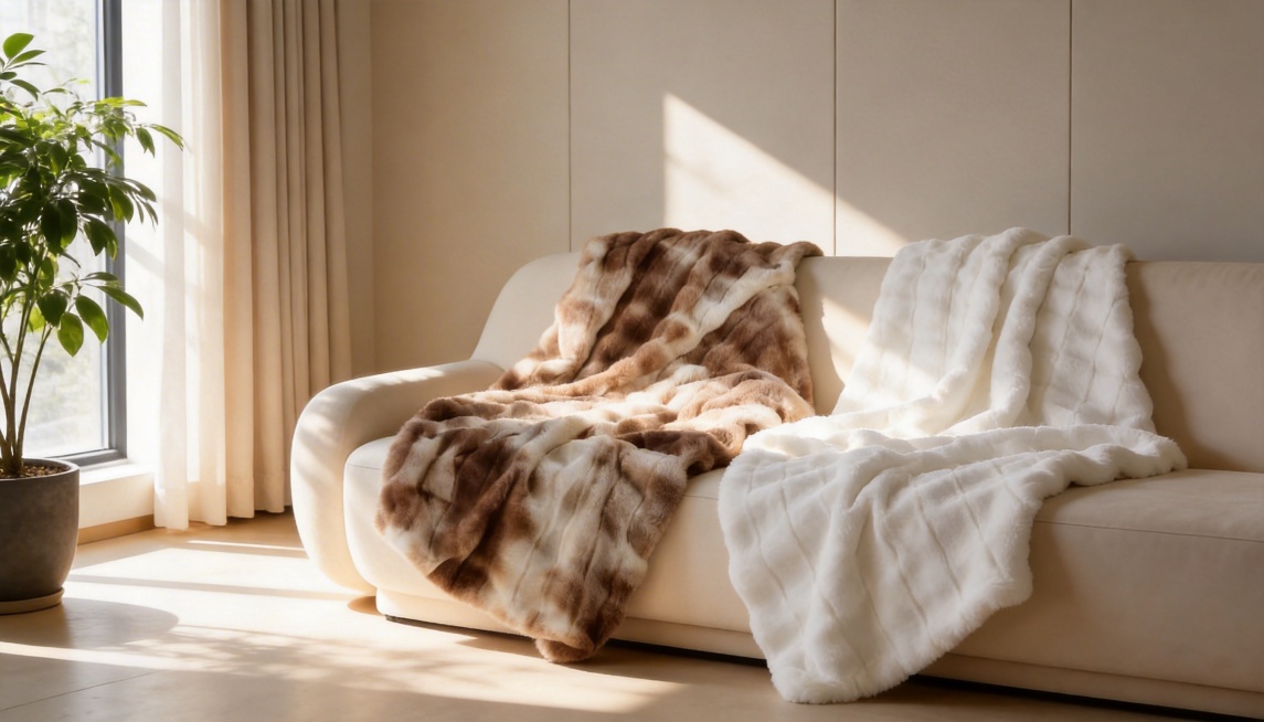 现代轻奢风格客厅，干净明亮，浅色窗帘旁有一盆绿植，阳光透过窗户洒在沙发上。沙发上自然搭着两款兔毛毯子，一款是棕白渐变纹理，一款是纯白色纹理，准确还原毯子的颜色、外观、肌理，与整体环境融合预览效果