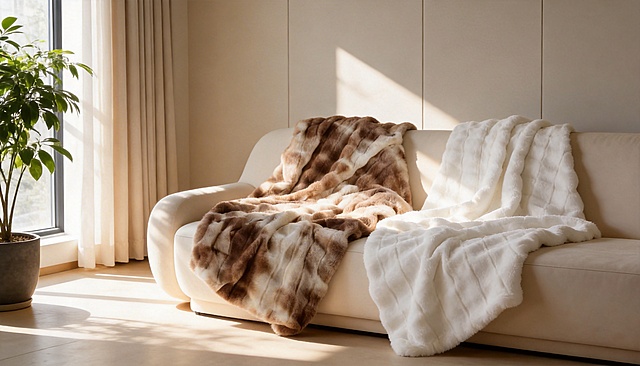 现代轻奢风格客厅，干净明亮，浅色窗帘旁有一盆绿植，阳光透过窗户洒在沙发上。沙发上自然搭着两款兔毛毯子，一款是棕白渐变纹理，一款是纯白色纹理，准确还原毯子的颜色、外观、肌理，与整体环境融合