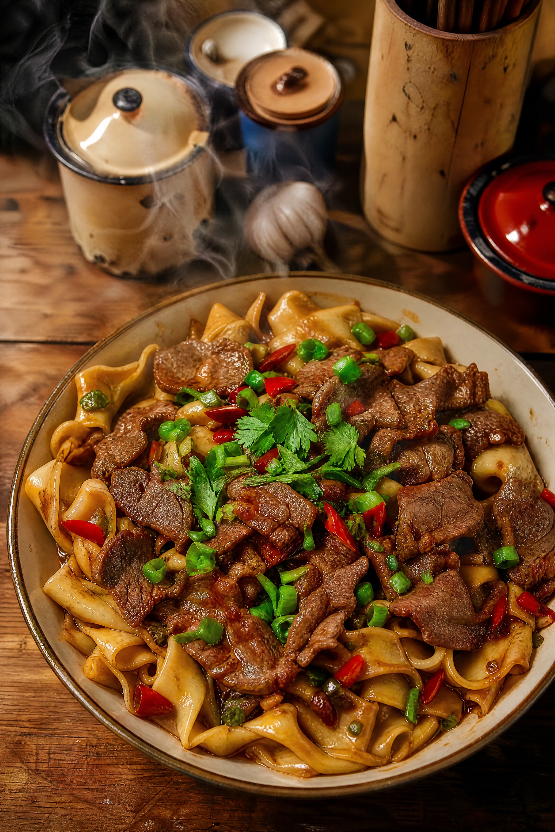 一碗河南烩面干拌小炒黄牛肉面，粗宽的手工烩面挂满浓郁酱汁，上面… - 图片创意预览