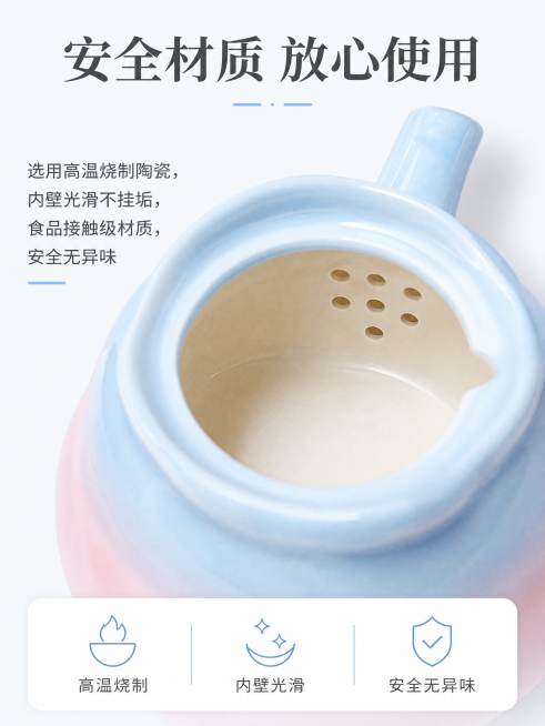 [第4屏] 材质工艺解析，春日兔子蓝粉渐变陶瓷茶具，展示食品级高温陶瓷材质。本屏使用【图2】展示茶壶滤孔内壁细节。
[氛围/风格] 质感展示，干净通透，专业可信，突出陶瓷温润细腻质感。
[元素布局]预览效果