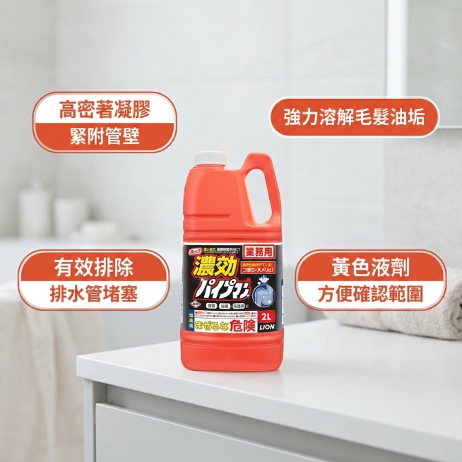 LION獅王排水管清潔劑核心卖点主图，氛围风格为舒适简约家居明亮风。画面元素：清洁剂产品居中摆放，周围环绕错落排列的胶囊卖点标签，背景为干净浅灰白色卫浴背景，全屏无边框，产品外观和原图保持一致。配色色预览效果