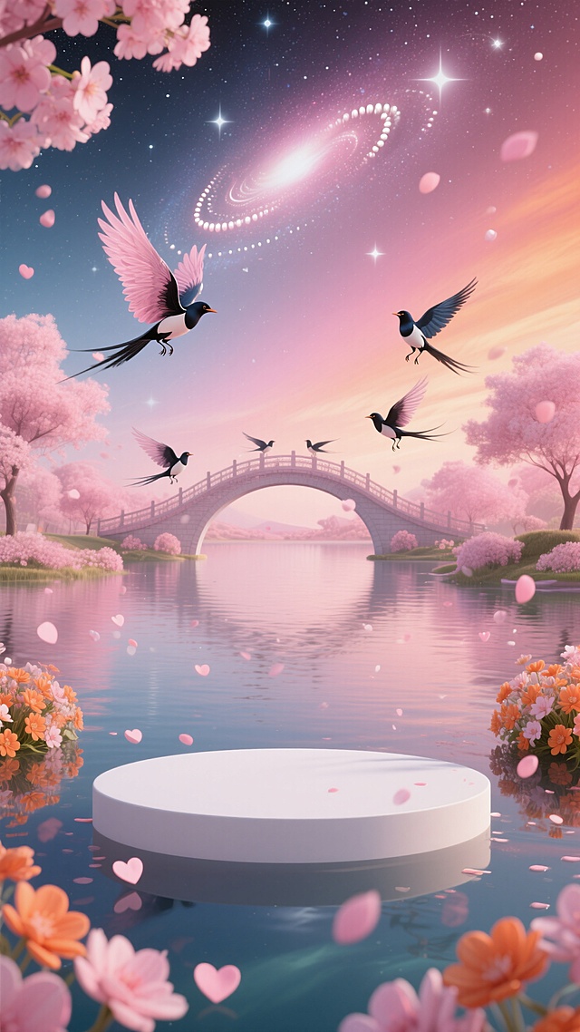 画面满是七夕浪漫氛围，粉樱、鹊桥、湖水相映，喜鹊飞舞，星河璀璨，花瓣与爱心飘落，尽显唯美甜蜜的七夕意境。