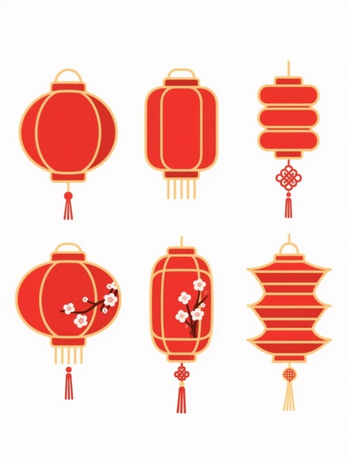 卡通插画风，一组6个红色中国传统灯笼的集合，每个灯笼造型各异，包括圆形、椭圆形、方形、多层叠挂等样式，均以简洁流畅的金色线条勾勒轮廓，内部为纯红色填充，部分灯笼装饰有流苏、中国结、梅花图案等传统元素，所有灯笼在纯白色背景上均匀排列，呈现出鲜明的色彩对比和清晰的视觉层次，整体风格喜庆、简洁、具有浓厚的节日氛围和传统韵味。预览效果