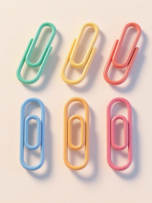 6个不同配色、不同样式、不同材质的回形针造型，采用3D渲染风格，具有光滑圆润的边缘和细腻的光泽感，上下两行整齐对齐排列，背景为浅色，每个回形针保持独立且清晰的视觉效果，整体构图简洁明快，色彩鲜艳且对比鲜明，呈现出立体感和质感。预览效果