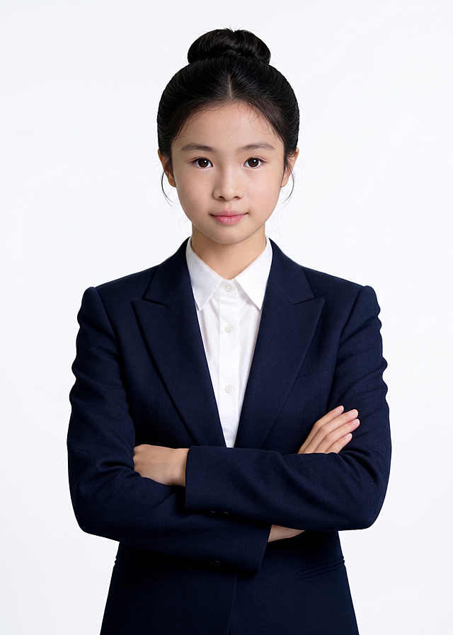 身穿深色西装的女孩，双臂交叉站立，背景简洁，适合企业商务场景使用