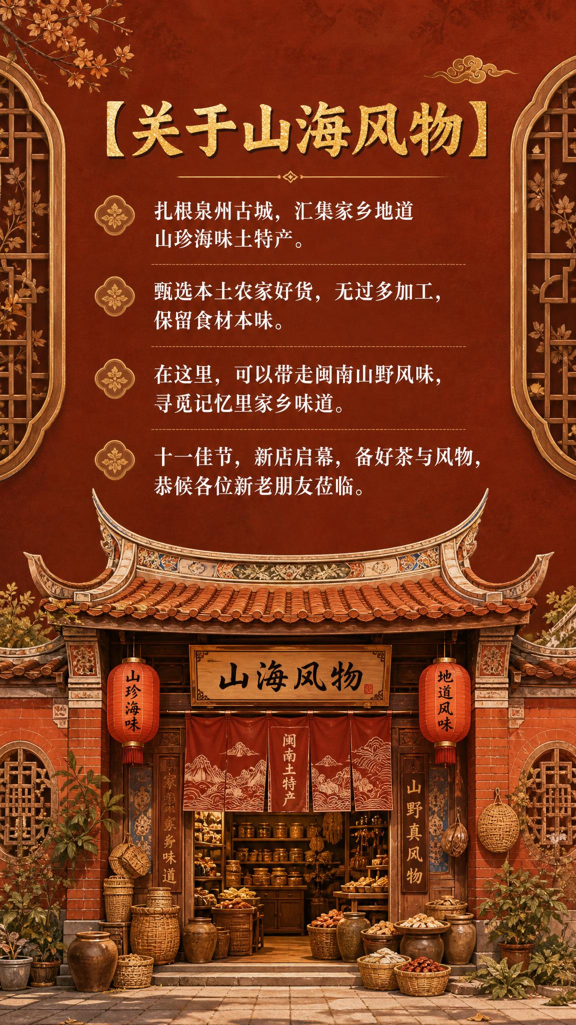 闽南古风新中式开业介绍海报，9:16竖版。暖棕红底色延续封面风… - 图片创意预览